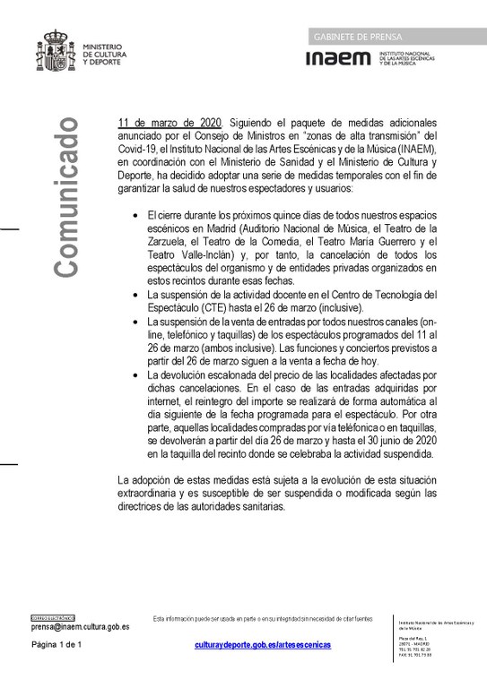 COMUNICADO DEL INSTITUTO NACIONAL DE LAS ARTES ESCÉNICAS Y DE LA MÚSICA